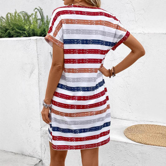 Color Striped Button V-neck Dress - Velora