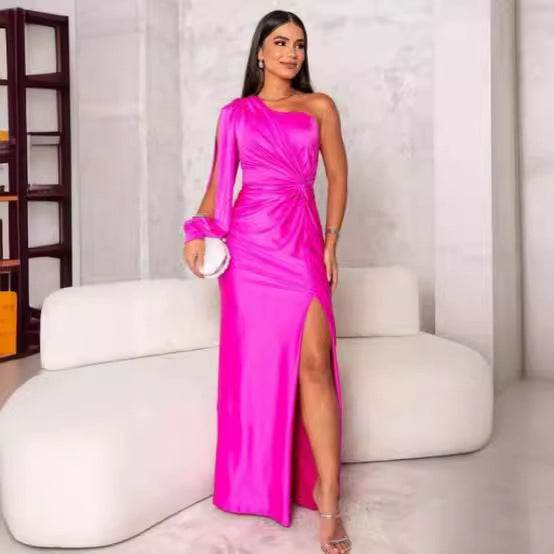 Women's One-shoulder Split Dress Ins Fashion Long-sleeved Slim Long Dresses Party Evening Clothing - Velora