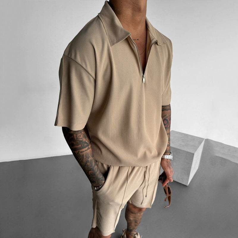 Summer Fashion Mens Clothing Men's Suits New Zipper Polo Casual Short Sleeve Drawstring Shorts Men's Set - Velora