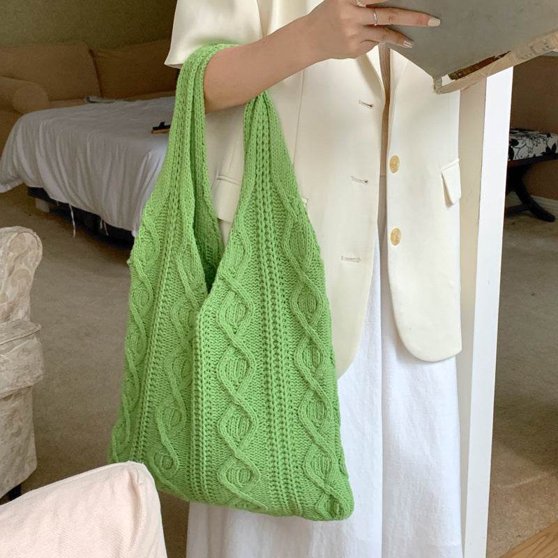 GWomen Shoulder Bags Portable Retro Hollow Knitted Woolen Yarn Bag Shoulder Tote Bag Solid Color Crochet Bag Large Capacity Shopping Tote Bags - Velora
