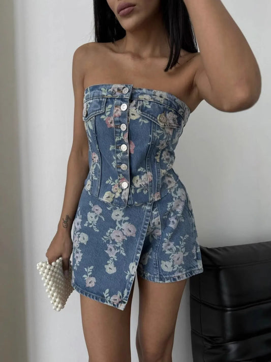 Floral Print Strapless Top and Skort Denim Set - Velora