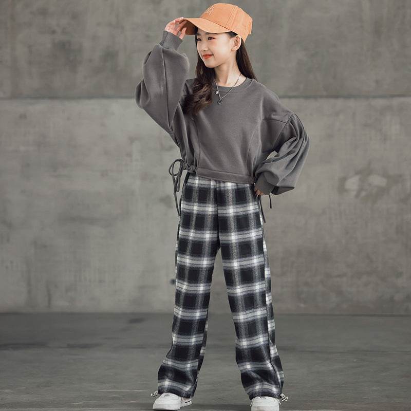 Girls' Suits Western Style Korean Children's Clothing Trendy Plaid Trousers Big Kids - Velora