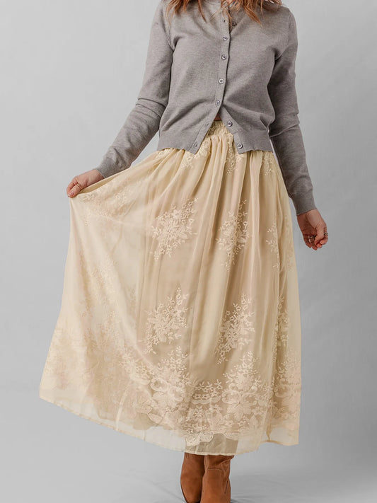 Embroidered Mesh Overlay Flowy Midi Skirt - Velora