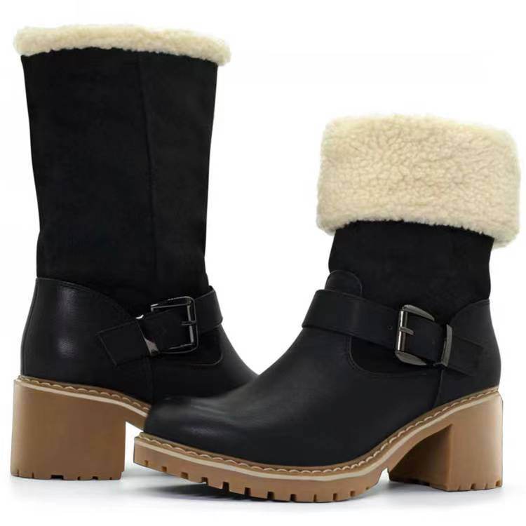Fashion Boots With Buckle Chunky Heel Shoes Warm Winter Round Toe Western Boots For Women - Velora