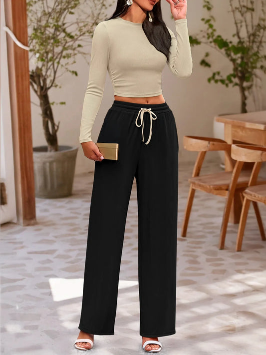 Round Neck Long Sleeve Top and Pants Set - Velora