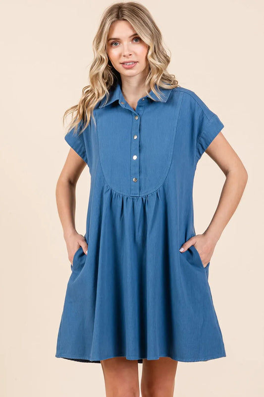 Mittoshop Twill Short Sleeve Collared Mini Dress - Velora