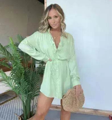 Elegant Women's Long Sleeve Button down Shirt Dress Fashionable Short Outfit Set Two piece Suit Set - Velora