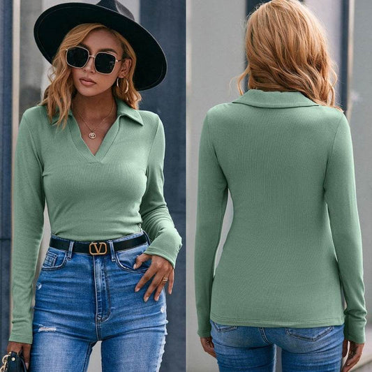 V-neck Slim Knit Long-sleeved Shirt Ken Strip - Velora