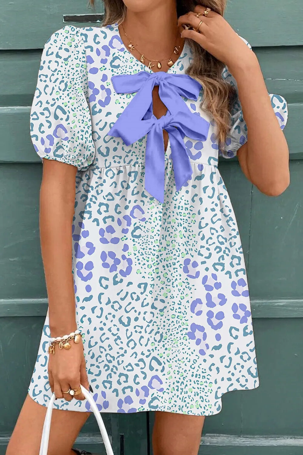 Leopard Print Bow Front Puff Sleeve Mini Dress - Velora