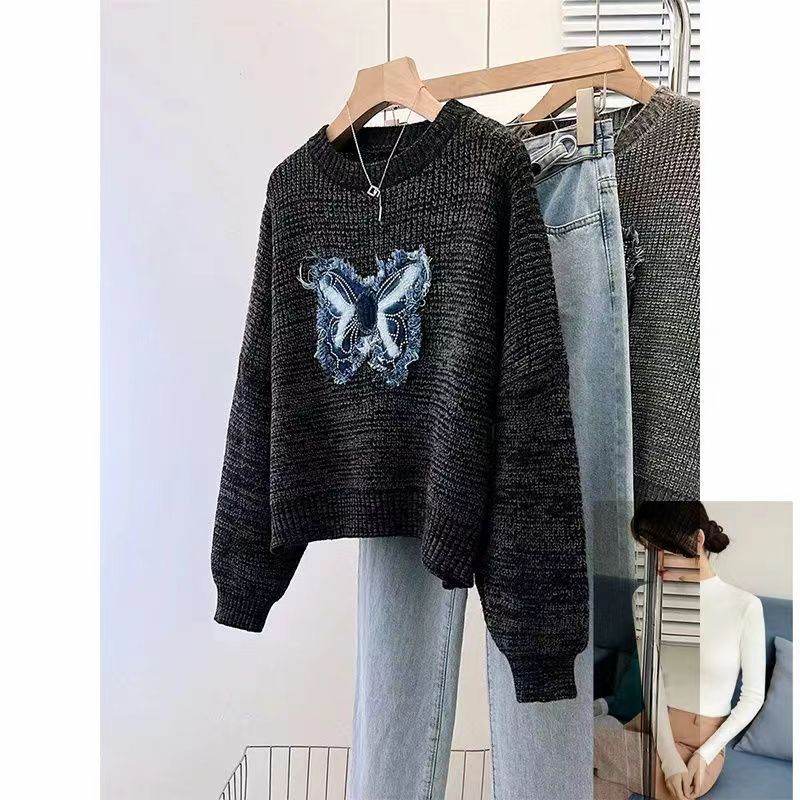 Tassel Denim Pattern Round Neck Sweater Top - Velora