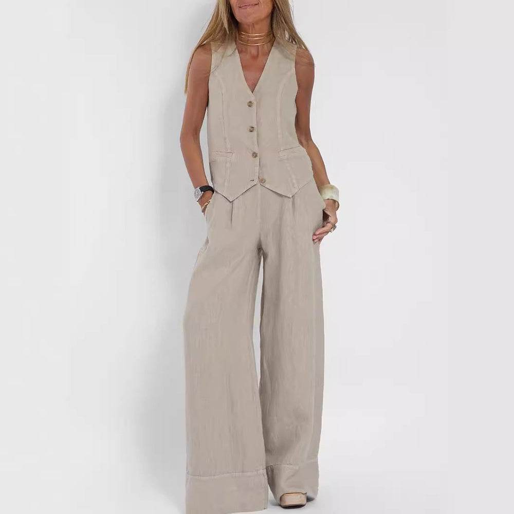Summer Vest Suits V-neck Botton Sleeveless Top And Loose Straight Trousers Casual Womens Clothing - Velora