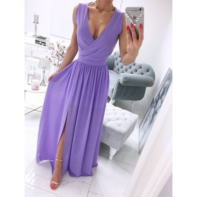 Women's Summer Sleeveless And Ankle Skirt Solid Color V-neck Front Split Long Dress - Velora