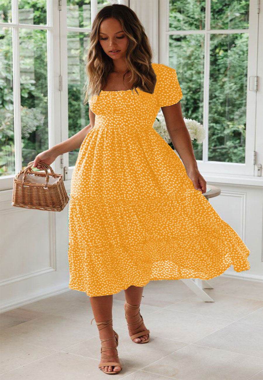 Square Collar Short Sleeve Dress Summer Puff Floral Printed Dress Long Dresses - Velora