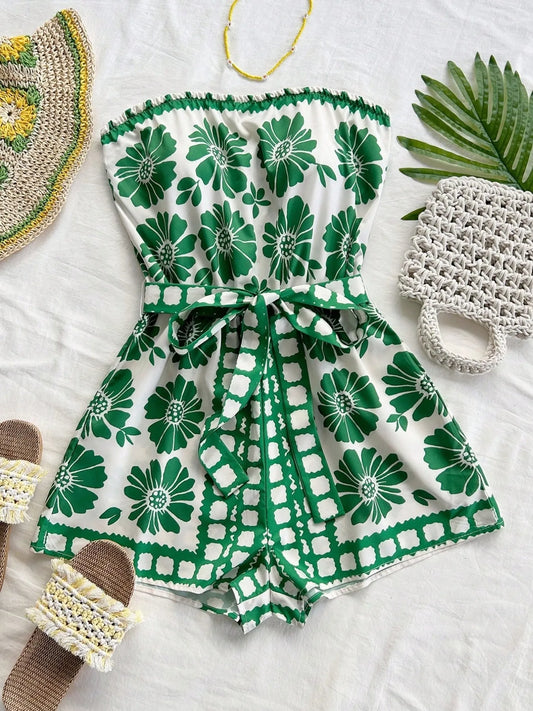 Printed Tube Tie Waist Romper - Velora