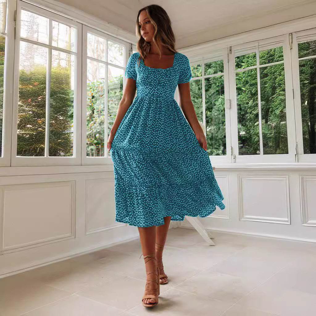Square Collar Short Sleeve Dress Summer Puff Floral Printed Dress Long Dresses - Velora