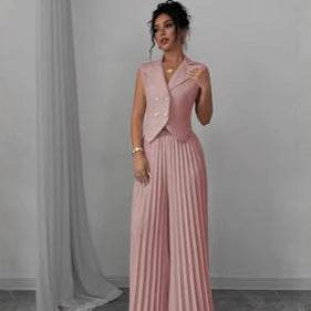 Summer Sleeveless Suit Fashion Lapel Button Vest Top And Pleated Straight Pants Women's Trousers Set Clothing - Velora
