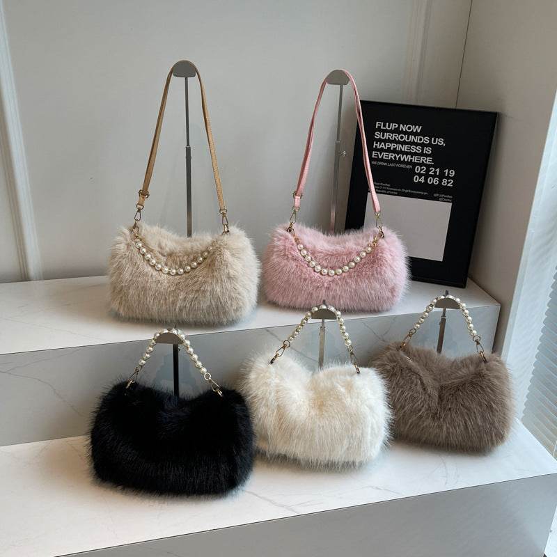 Autumn And Winter Fashion Shoulder Bags Pearl Chain Crossbody Bag Versatile Commuting Armpit Plush Female Bag - Velora