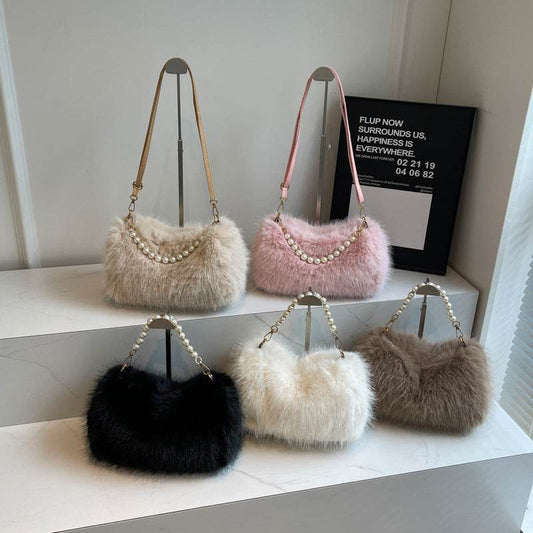 Autumn And Winter Fashion Shoulder Bags Pearl Chain Crossbody Bag Versatile Commuting Armpit Plush Female Bag - Velora