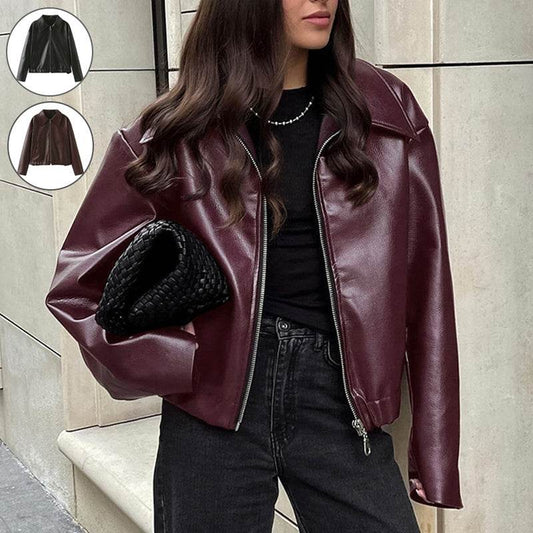 Solid Color Lapel Zipper Jacket Fashion Casual Long Sleeve Leather Coat Tops Women Clothing - Velora