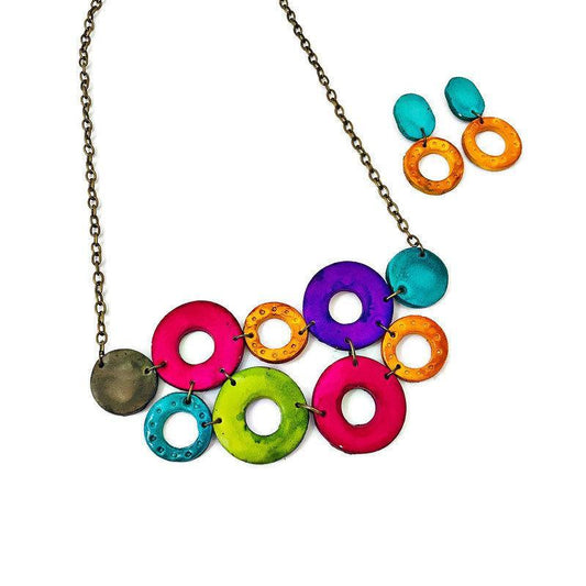 Colorful Jewelry Set with Linked Statement Necklace & Matching Earrings Handmade & Painted - Velora Luxury Fashion