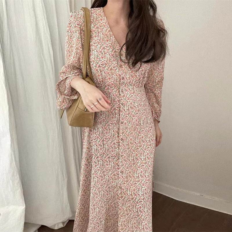 Elegant V-neck Elegant Floral Chiffon Dress - Velora