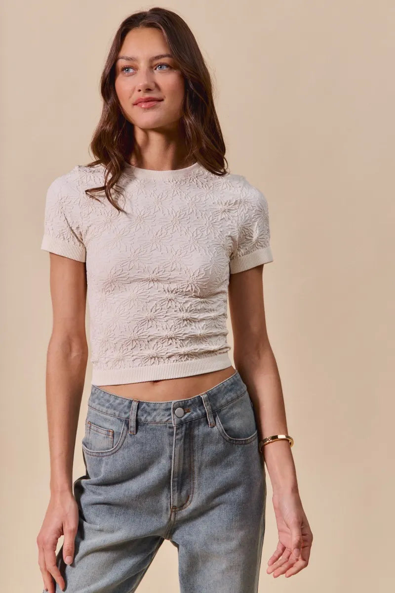 SO ME Floral Patterned Seamless Short Sleeve Top - Velora