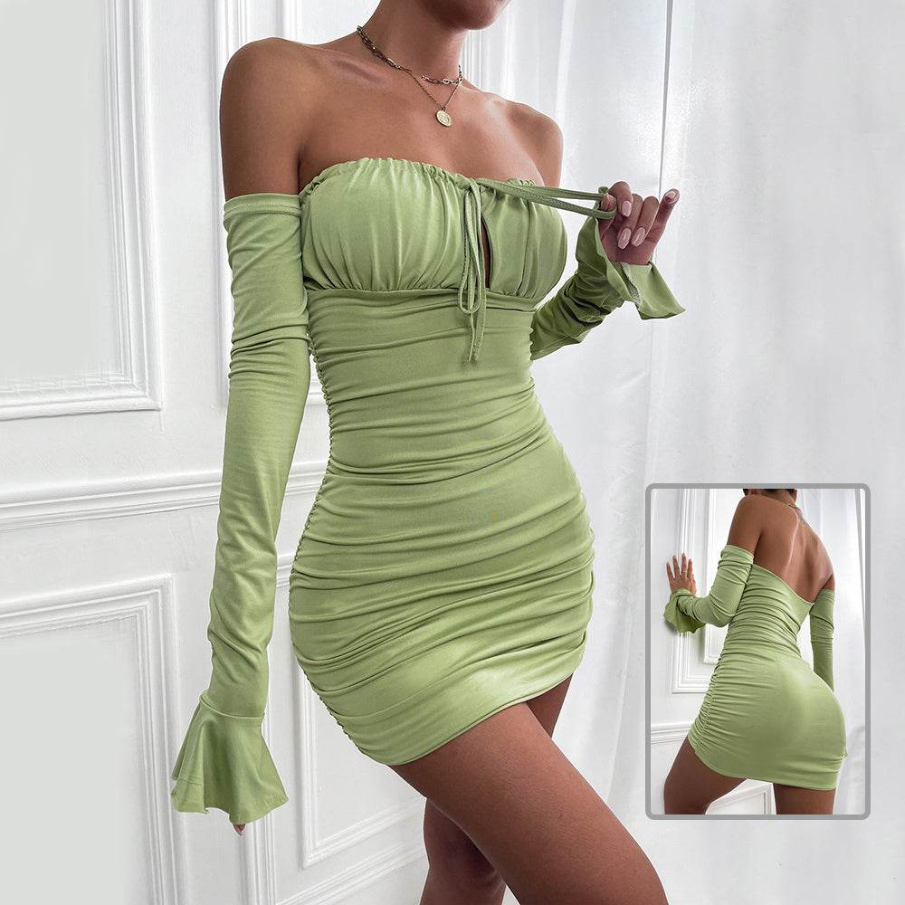 Fashion Slim Off-shoulder Long Sleeve Dress Sexy Tie Pleated Short Dresses Womens Clothing - Velora