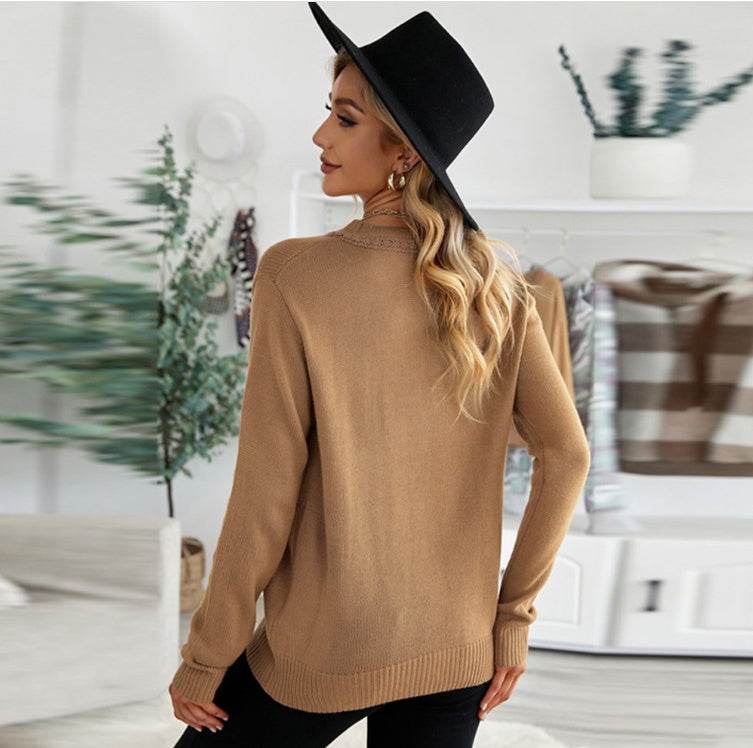 Pure Color Casual Single-breasted V-neck Pullover Sweater - Velora