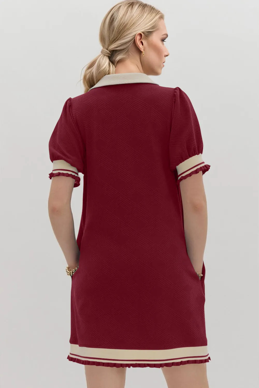 Oh Frill Contrast Trim Johnny Collar Short Sleeve Mini Dress - Velora