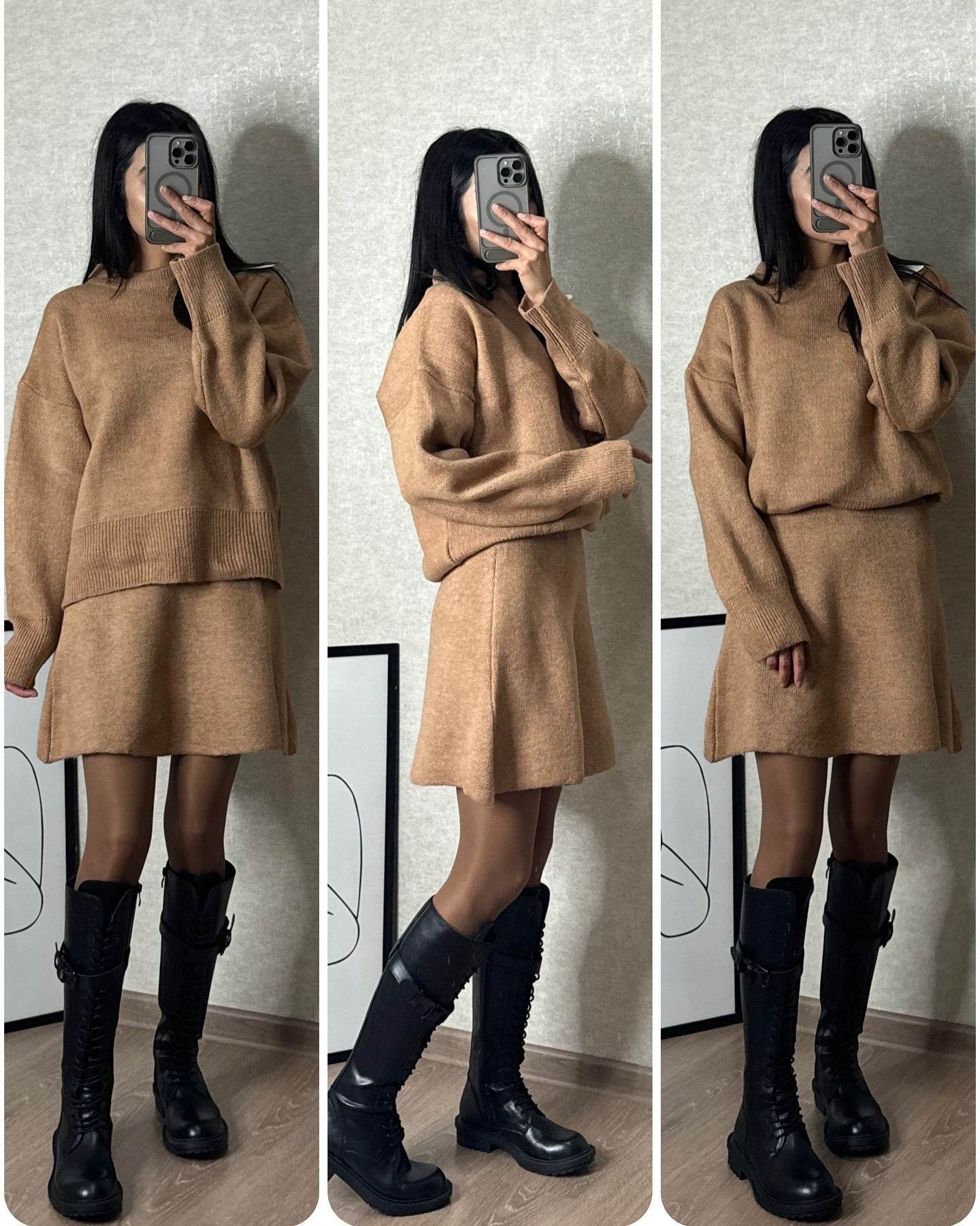 Sweater Skirt Sets For Women 2 Pieces Knit Casual Versatile Long Sleeve Pullover Elegant Solid High Waist Mini Skirt Outfit - Velora