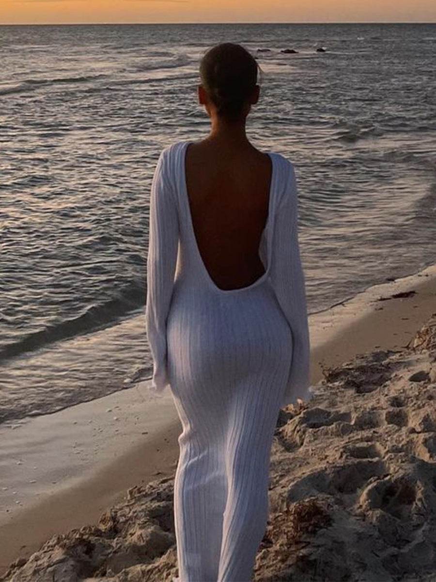 Fashion Slim Long-sleeved Ruffled Long Dress Sexy Hip-wrapped Back-less Knitted Maxi Dresses For Party Beach Womens Clothing - Velora