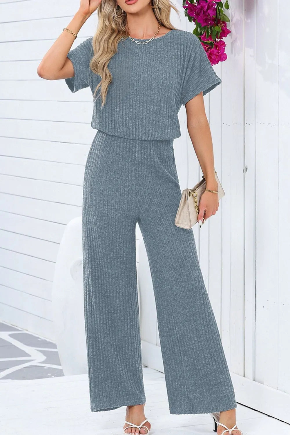 Ribbed Short Sleeve Wide Leg Jumpsuit - Velora