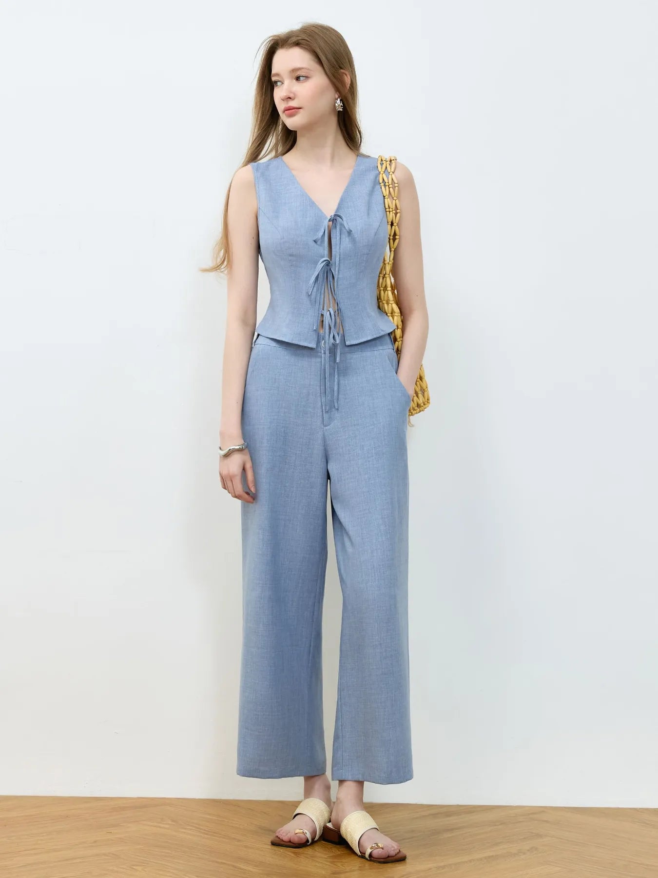 Tie Front Vest and Wide Leg Pants Set - Velora