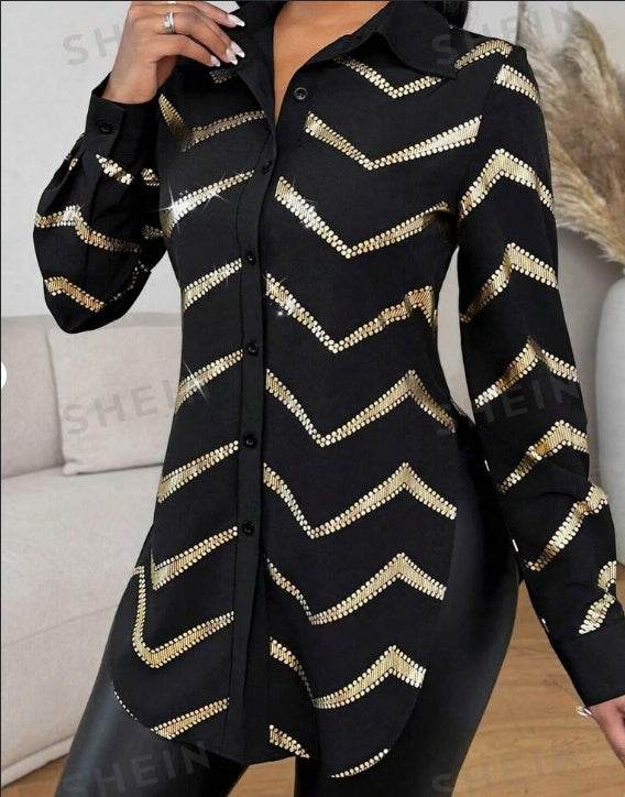 Lyxana Open Placket Foil Print Random Cut Shoulder Long Sleeve Cinched Waist Blouse Women tunic Shirt - Velora