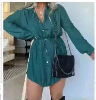 Elegant Women's Long Sleeve Button down Shirt Dress Fashionable Short Outfit Set Two piece Suit Set - Velora