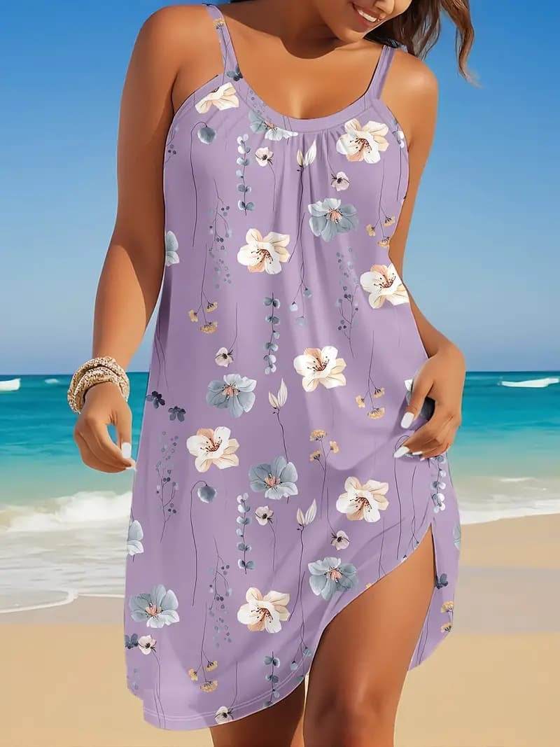 Sprig Summer Vacation Resort Floral Mini dress Round neck sleeveless casual summer dress - Velora