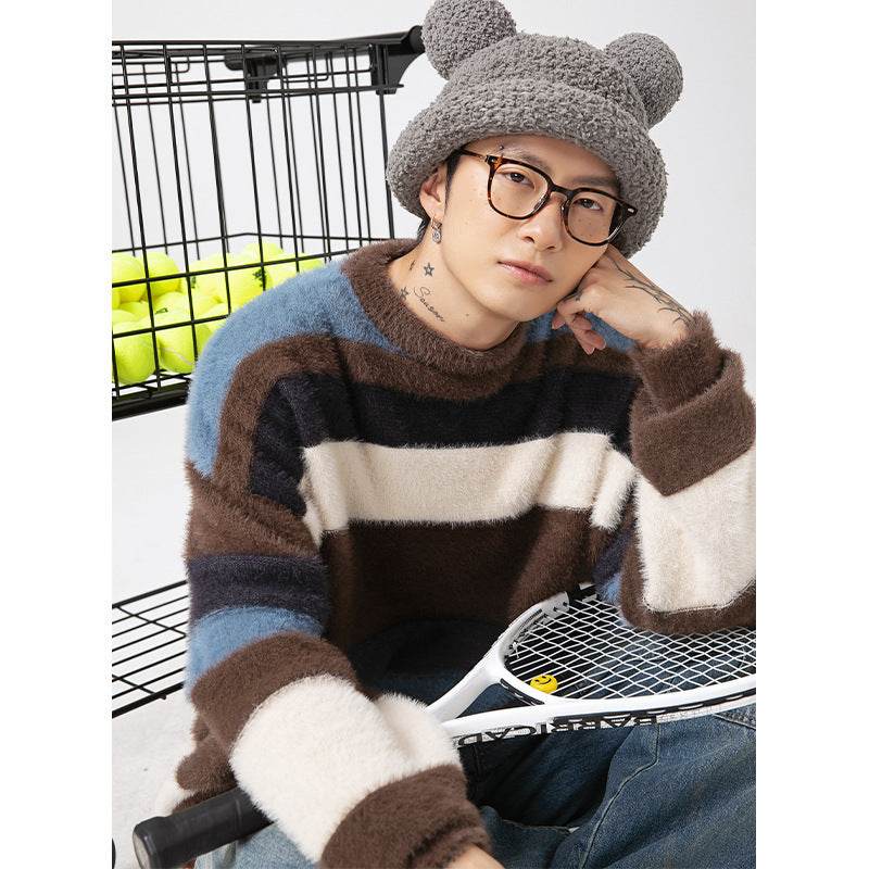 Artificial Mink Fur Contrast Color Striped Round Neck Sweater Japanese-style Retro - Velora