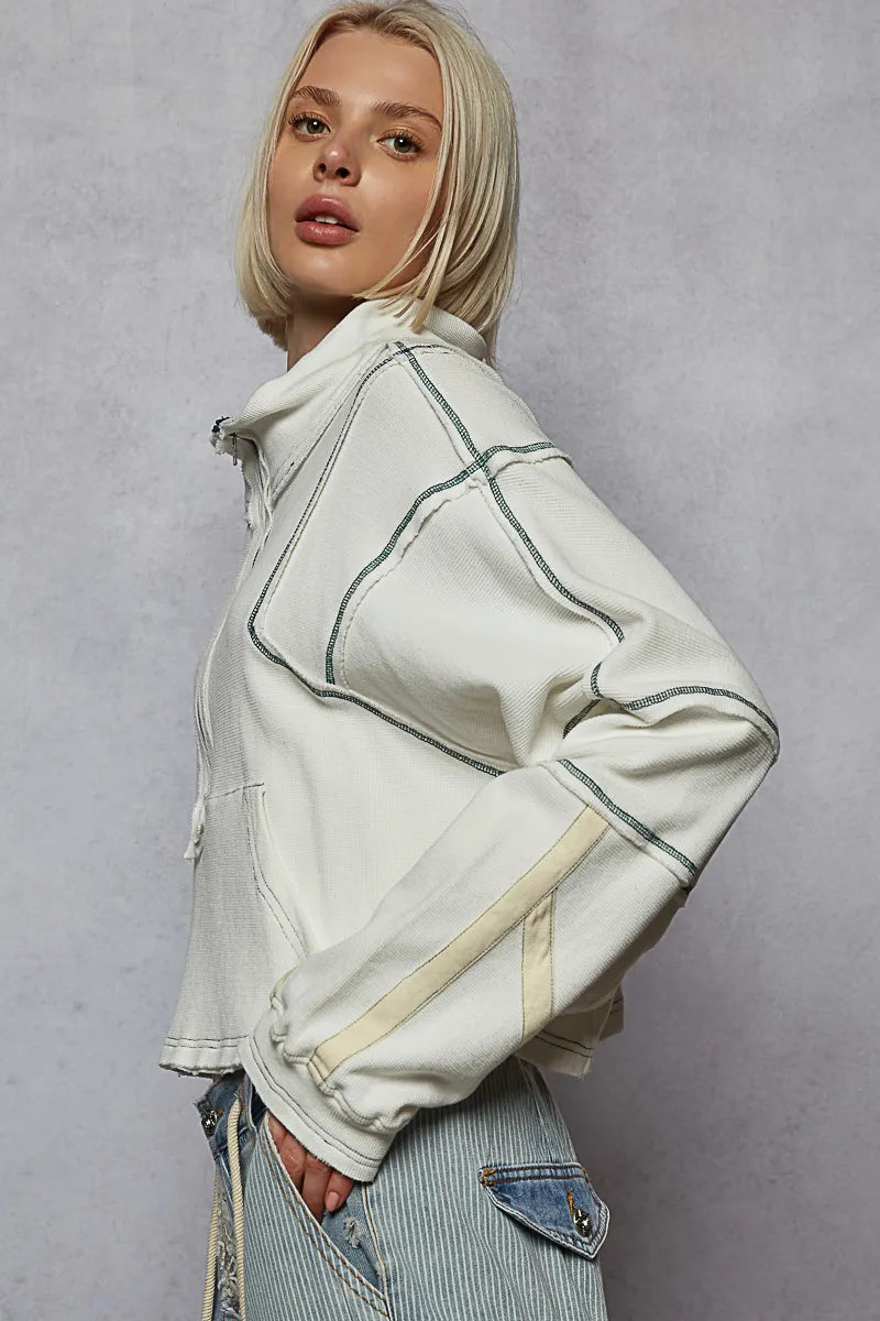 POL Contrast Stitching Zip Front Sweatshirt - Velora