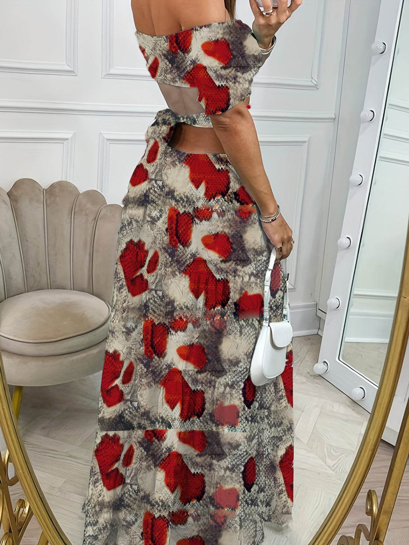 Printed One-line Collar Short-sleeved Long Dress With Hollow Waist Design Summer Vacation Dresses For Women Clothing - Velora