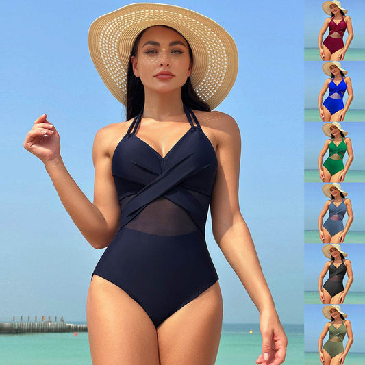 Halter-neck One-piece Swimsuit Summer Solid Color Cross-strap Design Mesh Bikini Beach Vacation Womens Clothing - Velora