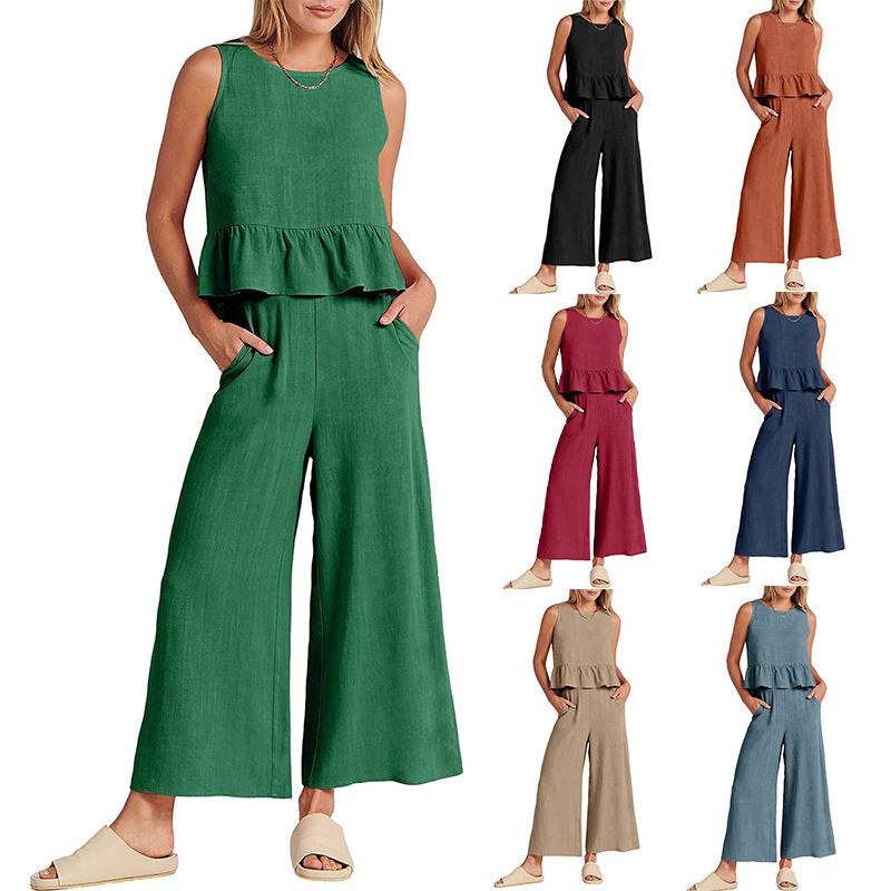 Casual Suit Summer Sleeveless Pleated Vest And Wide-leg Cropped Pants Fashion Two Piece Sets Women - Velora