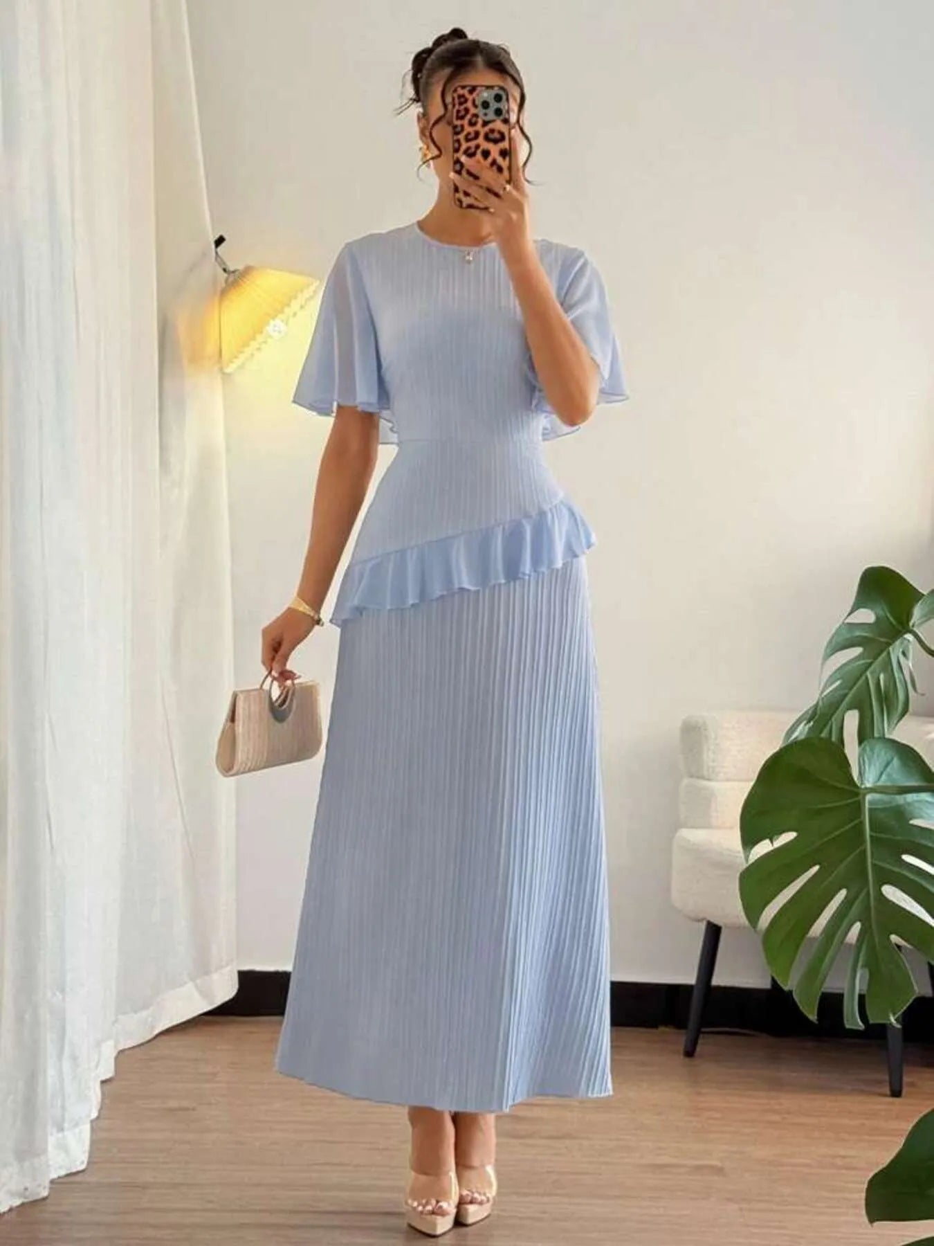 Ruffled Round Neck Flutter Sleeve Dress - Velora