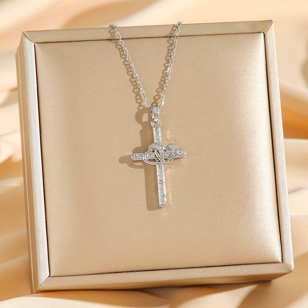Cross Double Ring Love Heart Necklace Surrounded Zircon Pendant Necklace For Women Bohemian Jesus Pendant Gold Color Valentines Day Gift - Velora