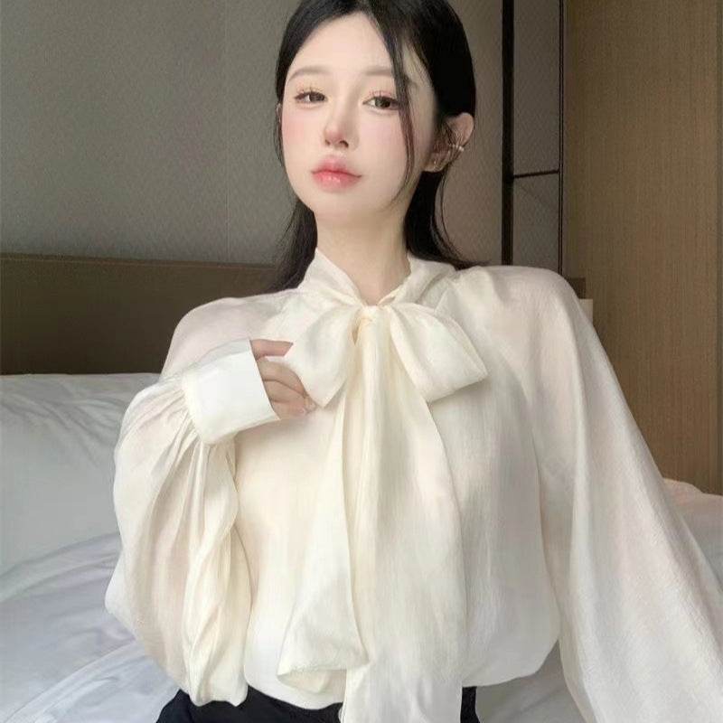 Autumn French Style Temperament Tie Bow Loose And Stylish Long Sleeves - Velora