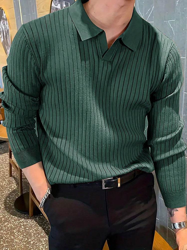 Lapel Texture Stretch Slim Knit Polo Shirt Men Polo Shirt Fashion Waffle Long-sleeved Tops Clothing Casual Comfortable Golf Men's Clothing - Velora