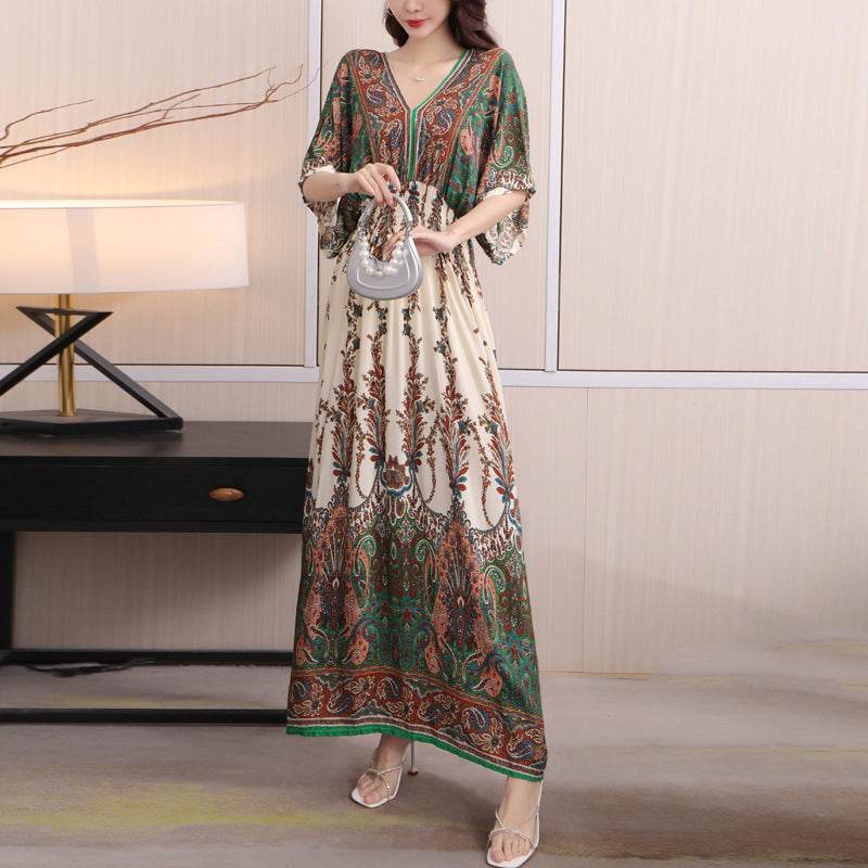 Cotton Silk Floral Dress Women's Summer Ethnic Style V-neck Short Sleeve Pastoral Style Skirt - Velora