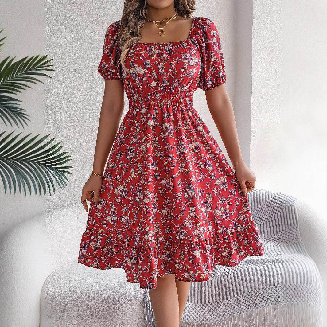 Floral Print Square Collar Dress Summer Fashion Ruffles Dresses Women's Clothing - Velora