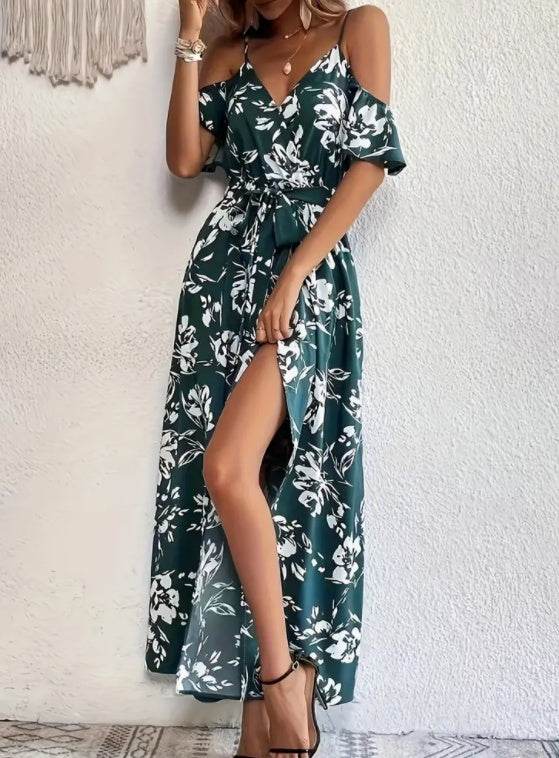 Flower Print Split Suspender Dress With Lace-up Design Summer Fashion Long Dresses Beach Clothing For Women - Velora