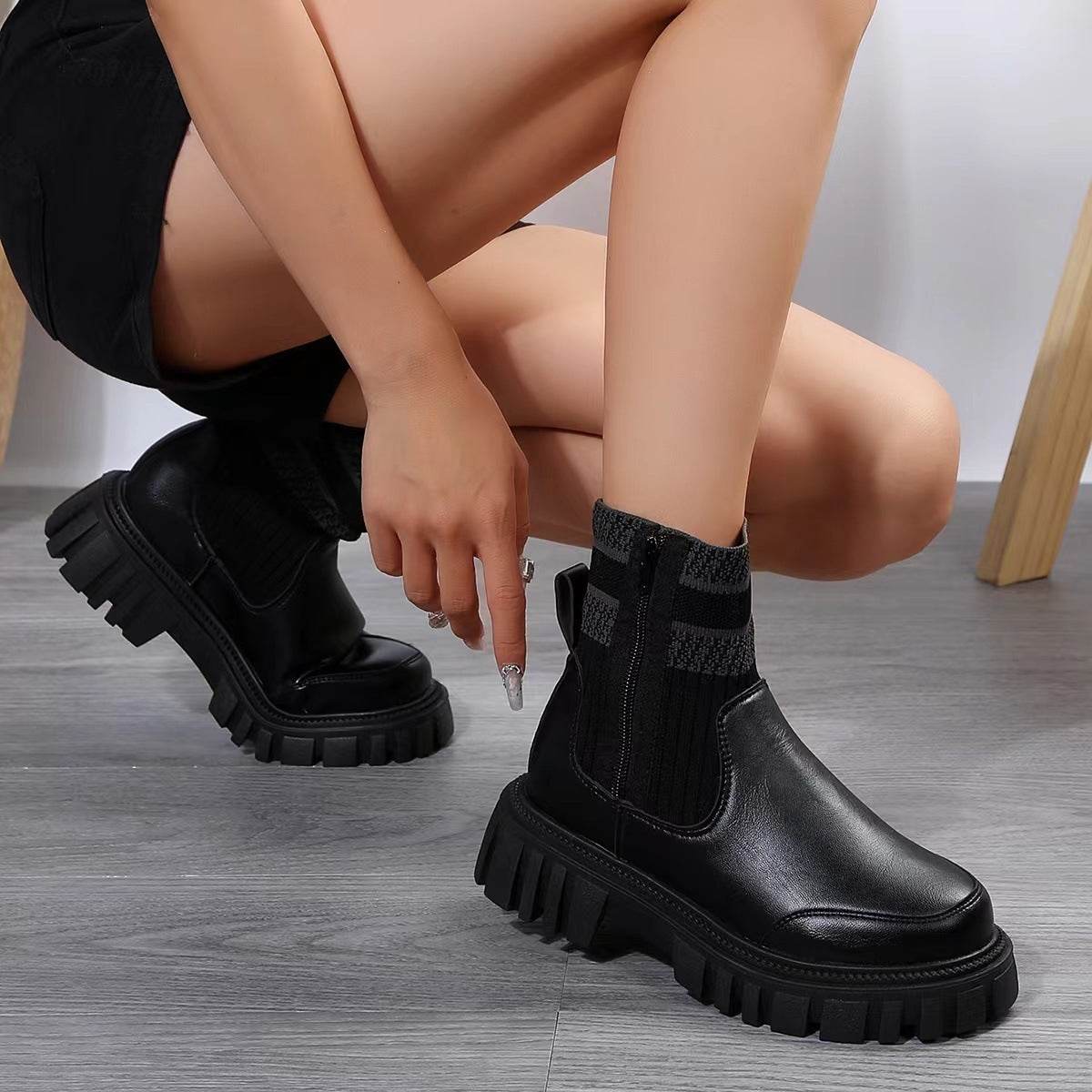 Fashion Mid-tube Boots With Zipper Design Non-slip Thick Sole Elastic Knitted Patchwork Boots For Women Round Toe Shoes Winter - Velora