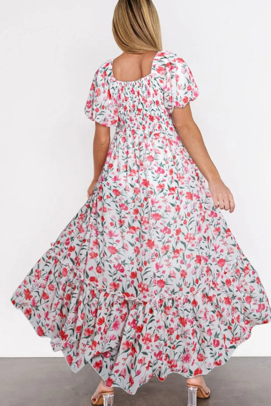 Floral Short Puff Sleeve Tiered Dress - Velora